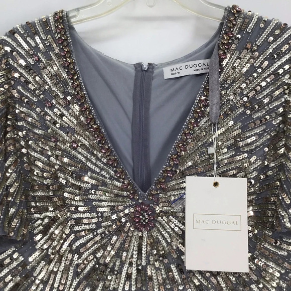 MAC DUGGAL Sequin V-Neck Flutter Sleeve Platinum Column Gown Formal NWT Size 10 - Picture 6 of 15